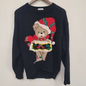 Vintage Hasting & Smith Teddy Bear Ugly Christmas Sweater Size M Black Holiday